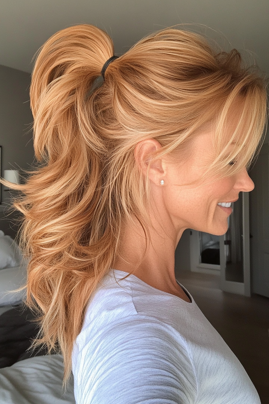 11. Messy Mid Ponytail in Honey Blonde (Pferdeschwanzfrisuren Frauen über 40) - Pferdeschwanzfrisuren Frauen über 40