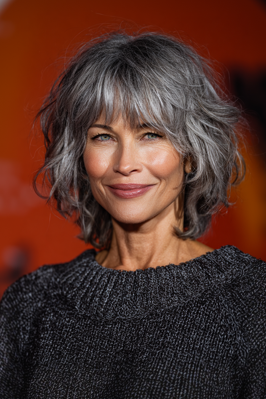 11. Metallic Grey Layered Shag (graue Frisuren für Frauen über 40) - graue Frisuren für Frauen über 40