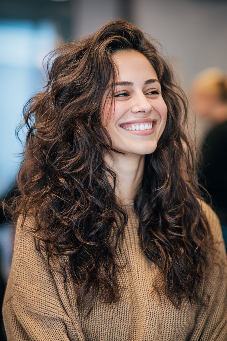 11. Mid -Back -geschichtete Locken in Schokoladenbraun (lange Haarschnitte für lockiges Haar) - lange Haarschnitte für lockiges Haar