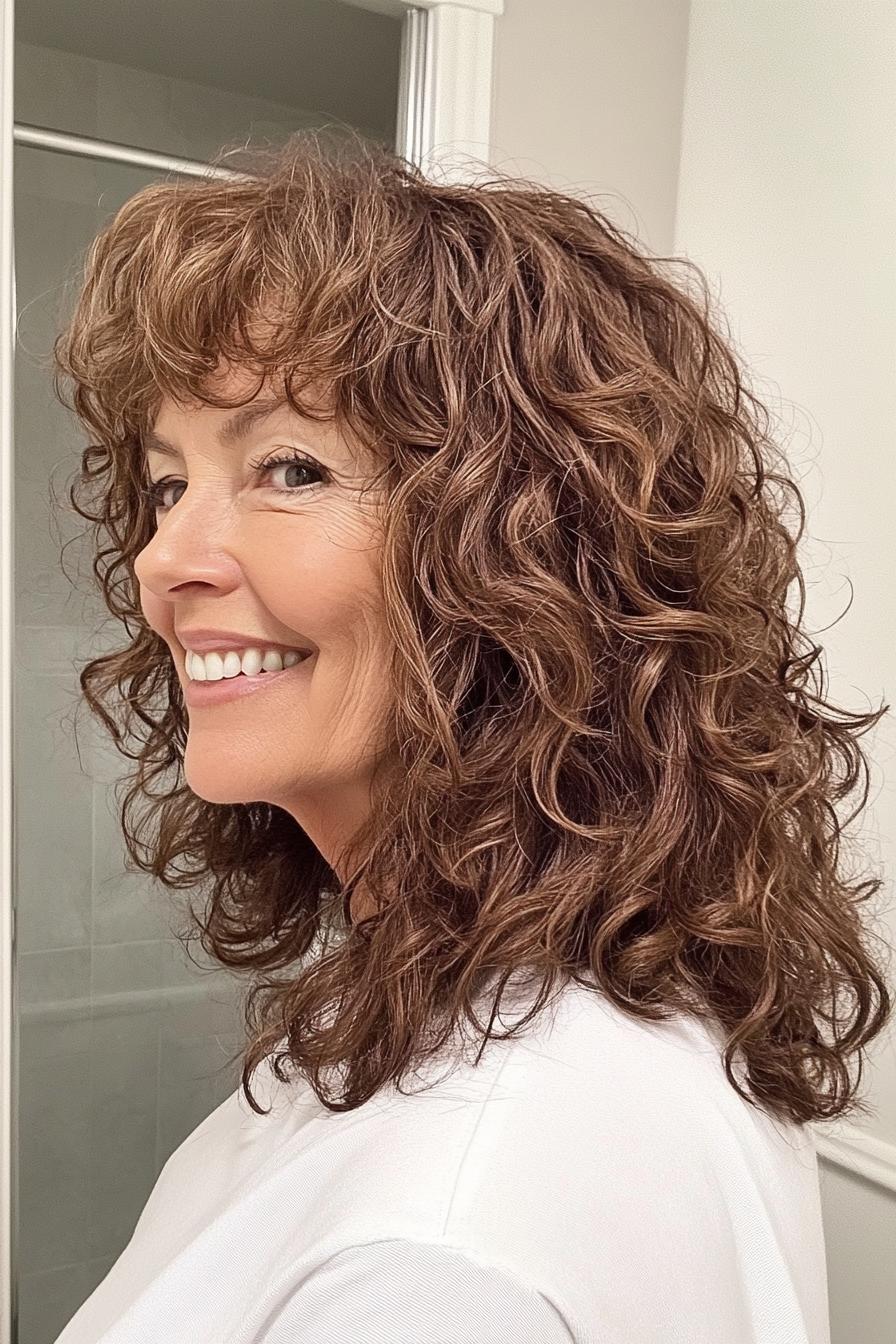 11. Mokka Brown Curly Shag (lockige Haarschnitte für Frauen über 50) - lockige Haarschnitte für Frauen über 50
