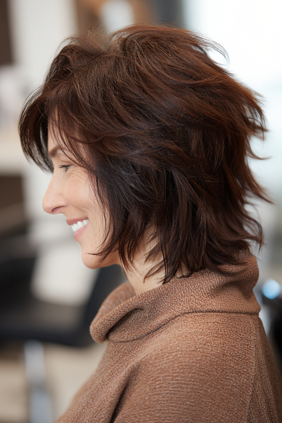 11. Moderne Meeräsche mit Kastanienhighlights (kantige Haarschnitte für Frauen über 50) - kantige Haarschnitte für Frauen über 50