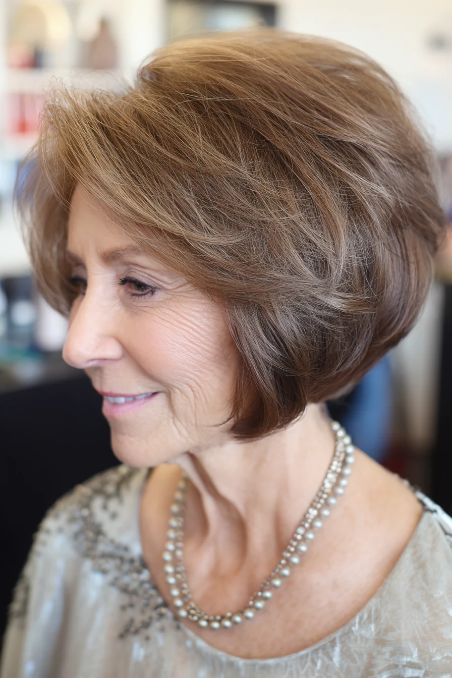 11. Halslanger kastanienbrauner gestapelter Bob (beliebte Haarschnitte für Frauen über 60) – Beliebte Haarschnitte für Frauen über 60