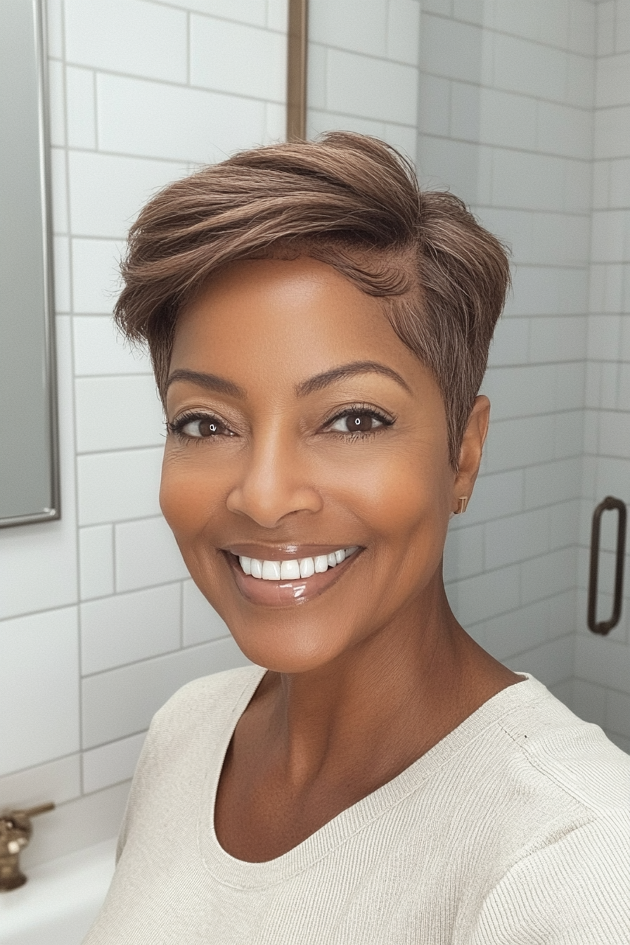 11. Polierter Pixie in Sandy Brown (Pixie-Haarschnitte für schwarze Frauen über 60) – Pixie-Haarschnitte für schwarze Frauen über 60