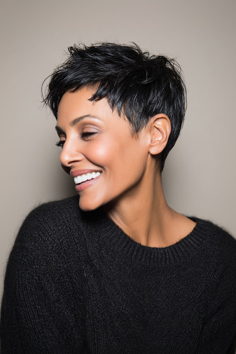 11. Skulptierte Verjüngung in Jet Black (schicke kurze Haarschnitte für Frauen über 40) - schicke kurze Haarschnitte für Frauen über 40