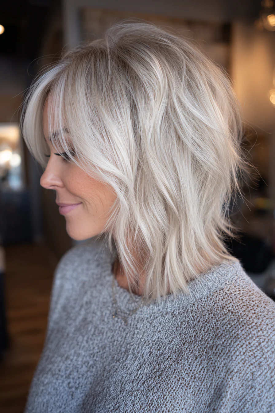 11. Schulterlanger Shag mit platinfarbenen Babylights (zottelige Haarschnitte für Frauen über 40) – Zottelige Haarschnitte für Frauen über 40