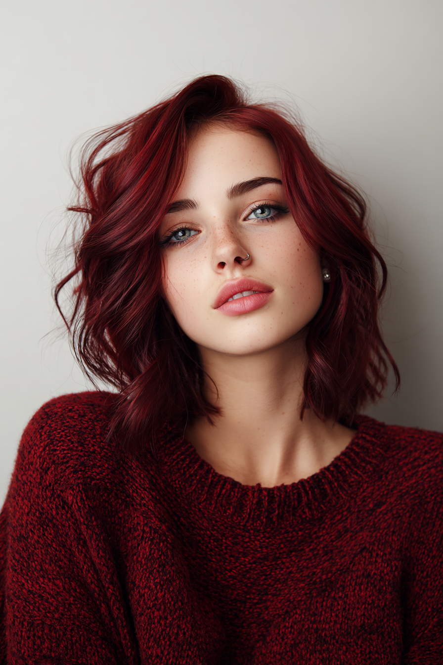 11. Schulter -Wellen mit burgunderfarbenem Tönung (wellige schulterlange Frisuren) - wellige schulterlange Frisuren