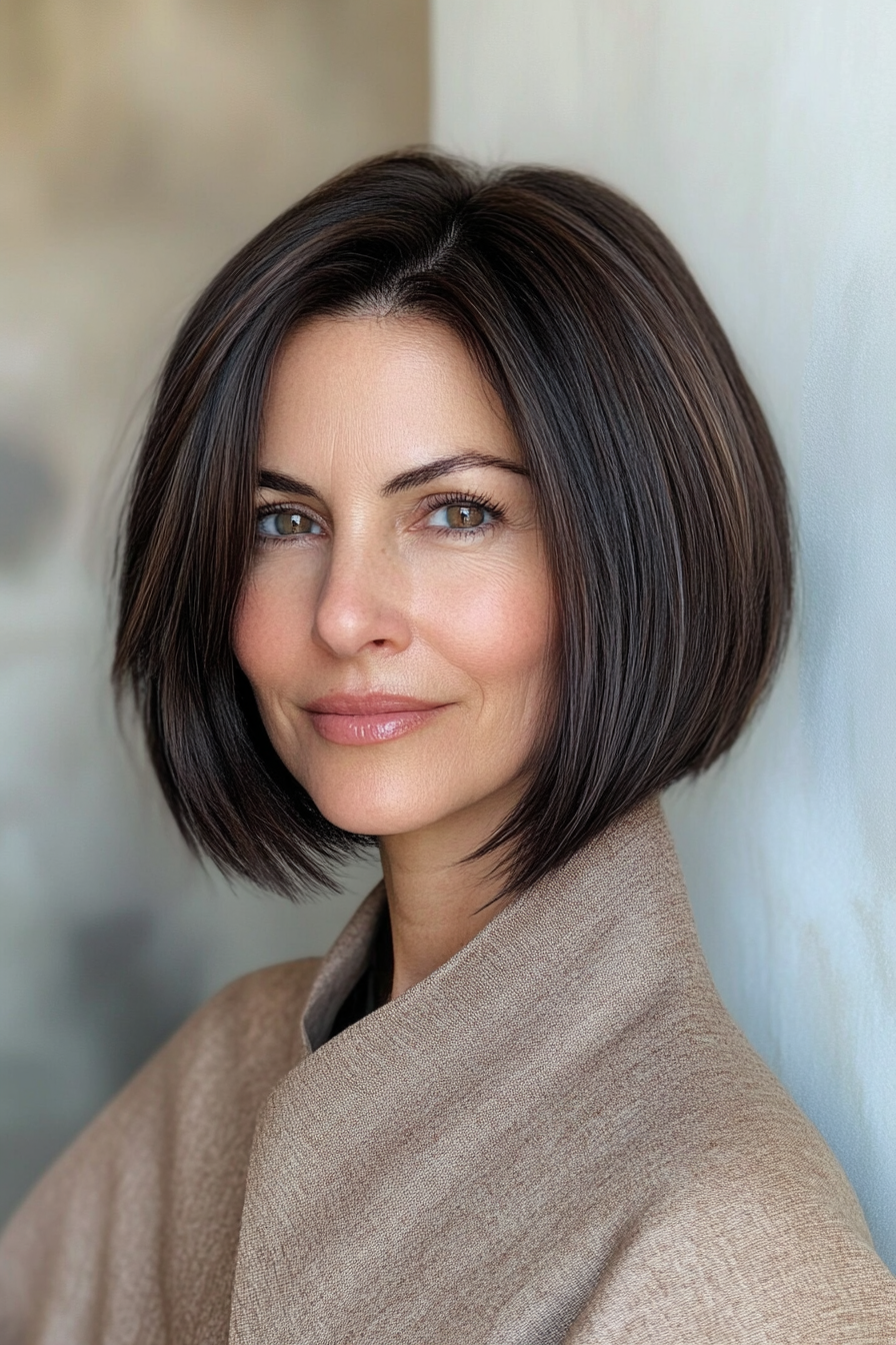 11. Seitübergreifender schlanker Bob in dunkler Schokolade (Hüftfrisuren für Frauen über 50) - Hüftfrisuren für Frauen über 50