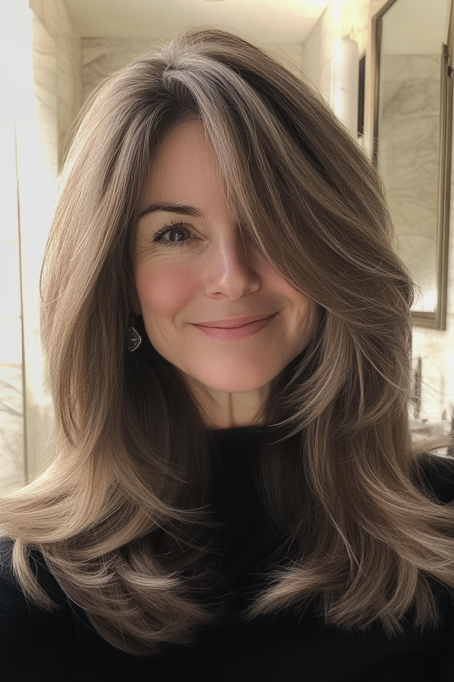 11. Seitenschichten in mittlerer Aschebraun (lange Frisuren für Frauen über 50 mit dünnem Haar) - lange Frisuren für Frauen über 50 mit dünnem Haar