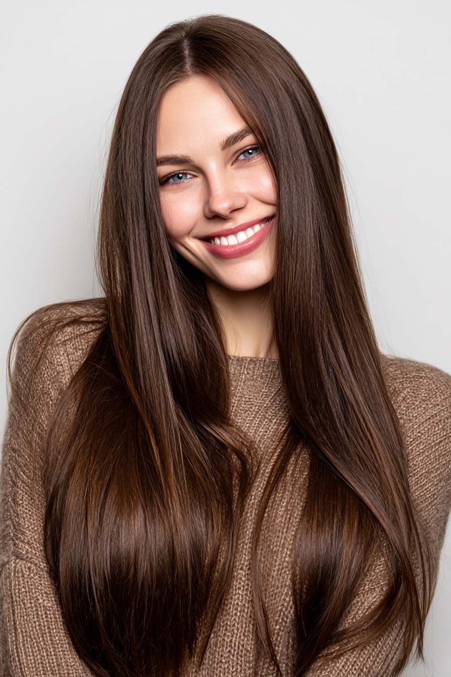 11. Silky langes Haar mit dunklem Schokoladenfarbton (lange Haarschnitte für ovales Gesicht) - lange Haarschnitte für ovales geformtes Gesicht