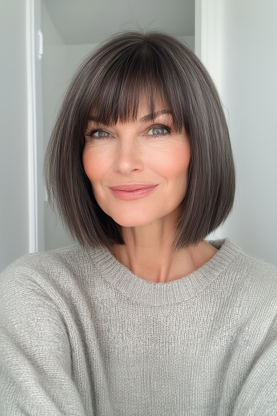 11. Schlankes, stumpf geschnitten mit Augenbrauenschwanz Pony in Aschebraun (Haarschnitte für Frauen über 60 mit Pony) - Haarschnitte für Frauen über 60 mit Pony