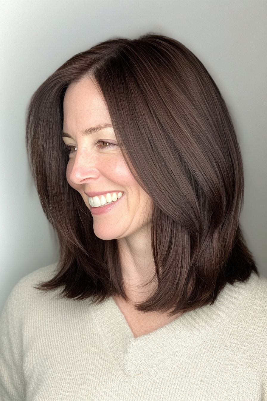 11. schlanker schulterlanger Schnitt mit dunklem Schokoladenbraun (beste Haarschnitte für Frauen über 40) - beste Haarschnitte für Frauen über 40