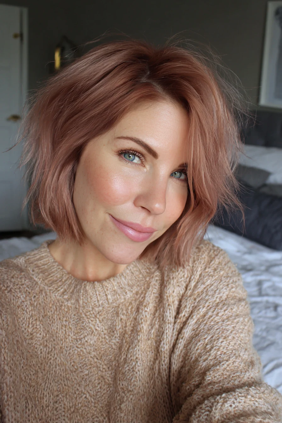 11. Weicher A-Linien-Bob mit Roségold-Tönung (Kurzhaarschnitte für Frauen über 40 mit feinem Haar) – Kurzhaarschnitte für Frauen über 40 mit feinem Haar