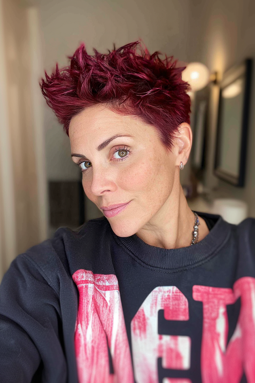 11. Spiky Burgunderschichten (stachelige Frisuren für ältere Frauen) - Stachelige Frisuren für ältere Frauen