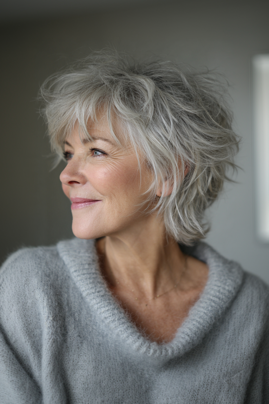11. zerzaustes kurzer silberner Shag (schicke Frisuren für Frauen über 50 mit grauem Haar) - schicke Frisuren für Frauen über 50 mit grauen Haaren