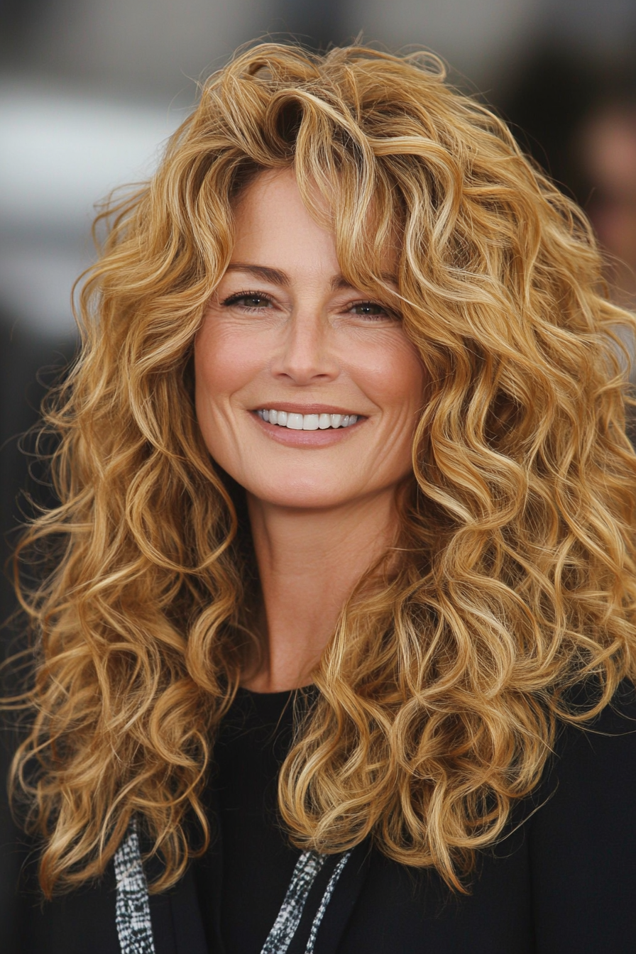 11. Wellenschicht geschnitten mit goldener Blondine (Haarschnitte für Frauen über 50 mit lockigem Haar) - Haarschnitte für Frauen über 50 mit lockigem Haar