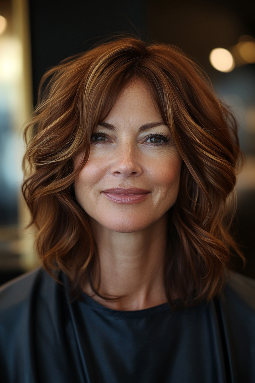 11. Wellige schulterlange Schnitt in goldbraun (Haarschnittideen für Frauen über 50) - Haarschnittideen für Frauen über 50