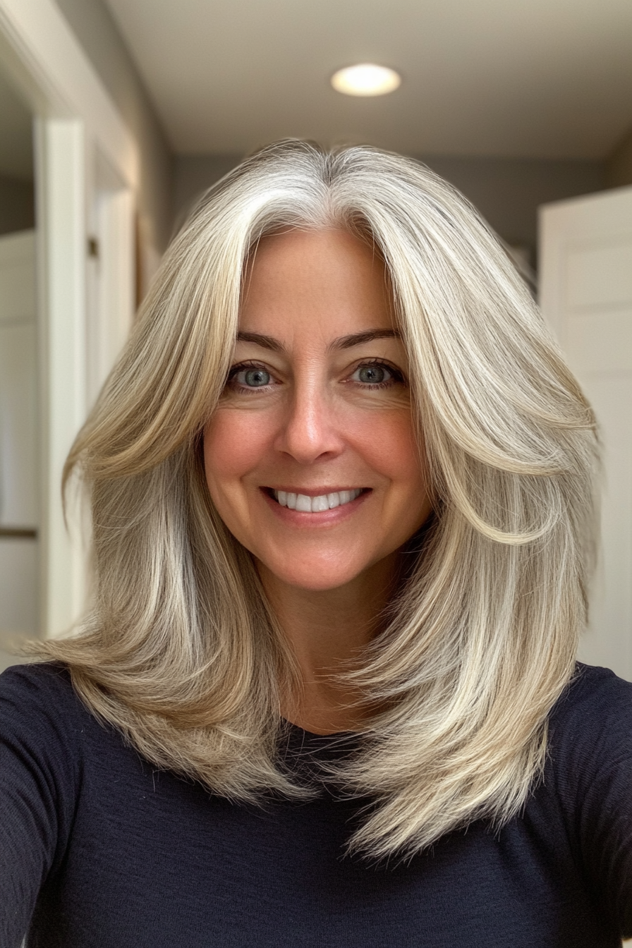 11. Weizenblonde schulterlange Schichten (Haarschnitte für Frauen über 50 mit grauem Haar) - Haarschnitte für Frauen über 50 mit grauen Haaren