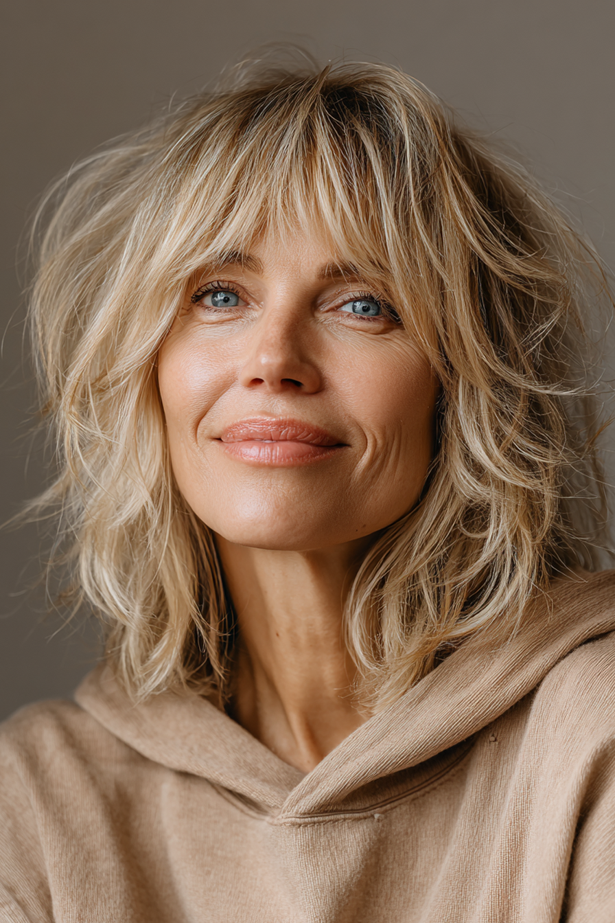 11. Wispy Shag mit Pony – Sandblonde, sonnenverwöhnte Strähnen (Mittellange Haarschnitte für Frauen über 50 mit feinem Haar) – Mittellange Haarschnitte für Frauen über 50 mit feinem Haar