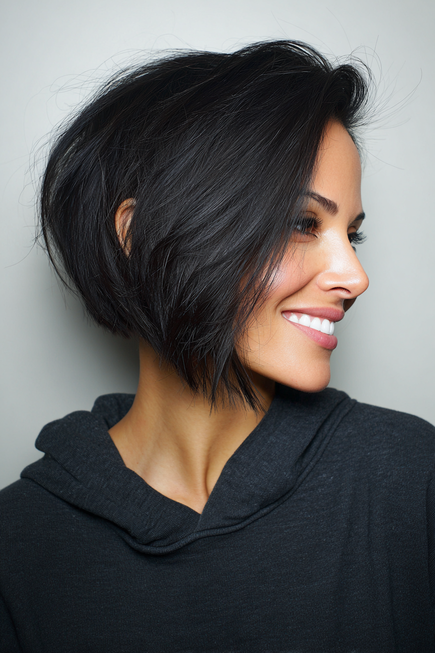 12. A -Line Bob mit dramatischer Teil - Jet Black (neueste kurze Haarschnitte für Frauen über 40) - Neueste kurze Haarschnitte für Frauen über 40