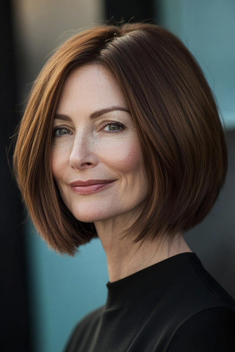 12. Abgleer Bob mit warmen Mahagoni -Tönen (Frisuren für Frauen über 60 mit dickem Haar) - Frisuren für Frauen über 60 mit dicken Haaren