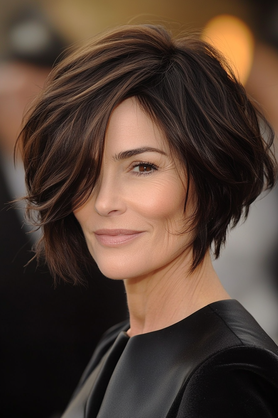 12. Asymmetrischer Bob in rauchig dunkelbraun (kurze Haarschnitte für ältere Frauen mit dickem Haar) - kurze Haarschnitte für ältere Frauen mit dickem Haar