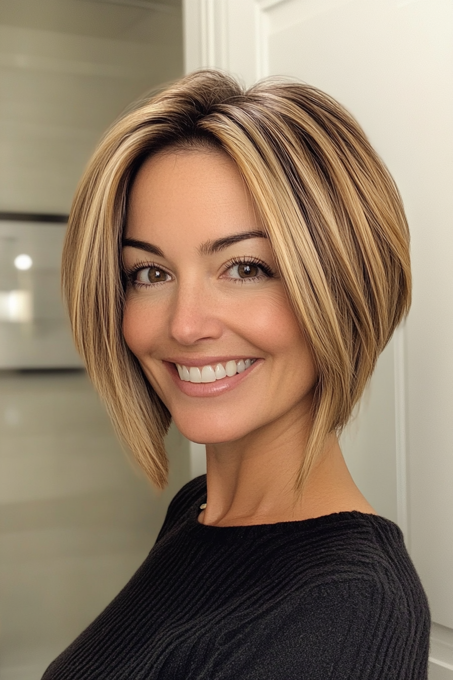 12. Asymmetrischer Bob mit Honigblondmischung (kurze Haarschnitte für Frauen über 50 mit dickem Haar) - kurze Haarschnitte für Frauen über 50 mit dickem Haar