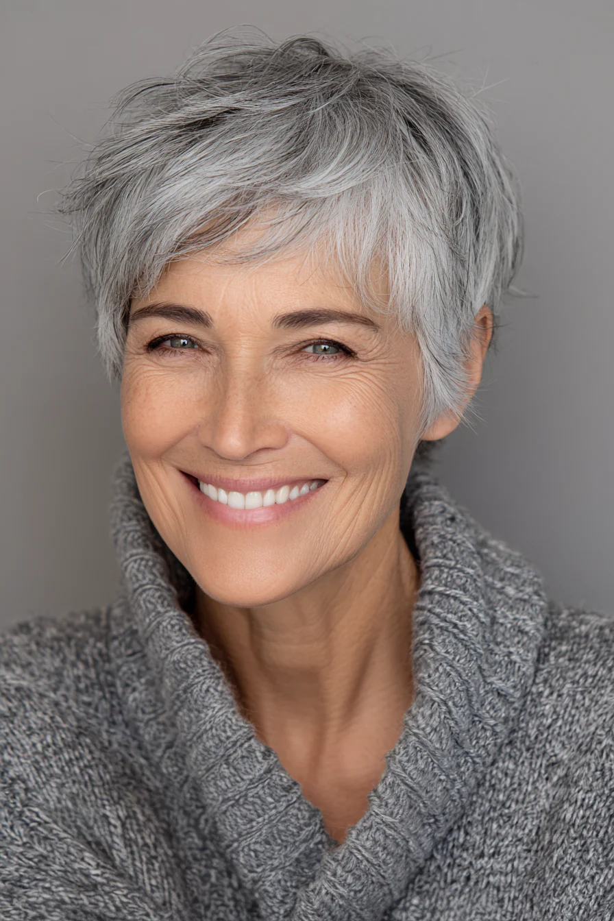 12. Blended Layered Pixie in Grey Mist (Haarschnitte für Frauen über 60 mit schütterem Haar) – Haarschnitte für Frauen über 60 mit schütterem Haar