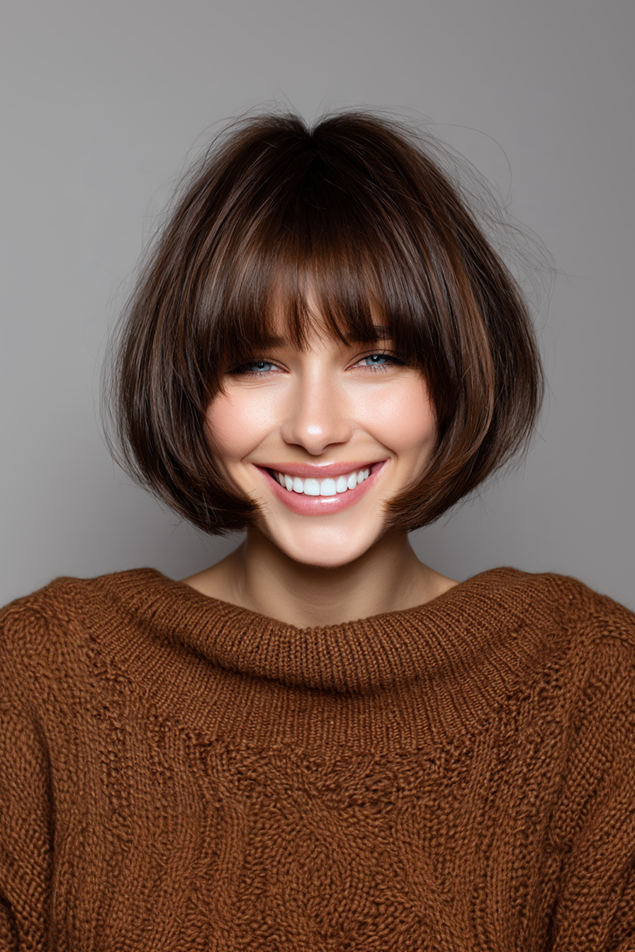 12. Box Bob mit stumpfen Pony in Schokoladenbraun (kurze Bob -Frisuren mit Pony) - kurze Bob -Frisuren mit Pony