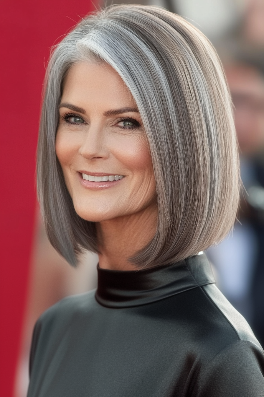 12. Kastaniengrau -abgewinkelte Bob (Haarschnitte für Frauen über 50 mit grauem Haar) - Haarschnitte für Frauen über 50 mit grauen Haaren