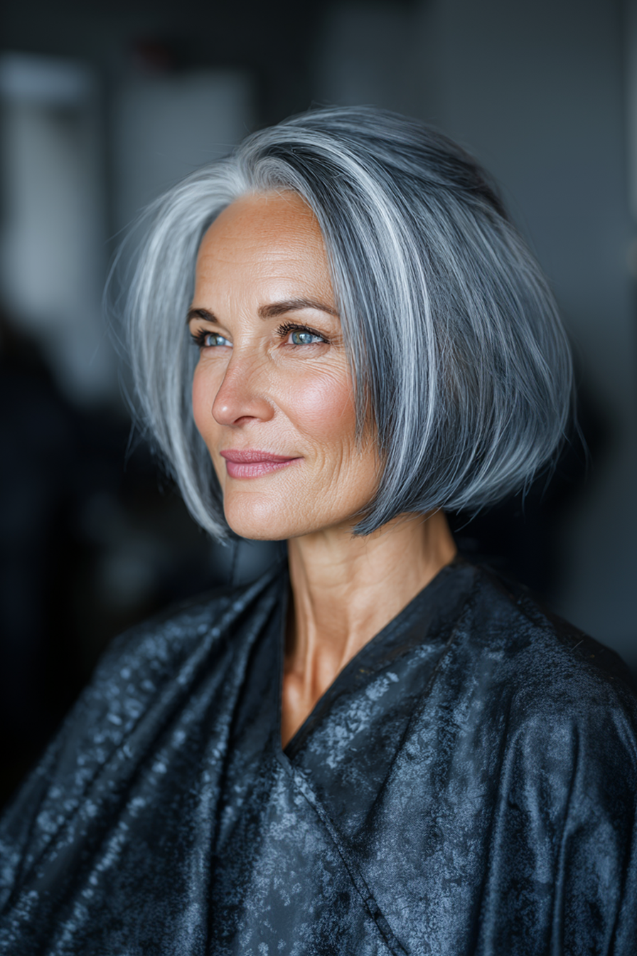 12. Kinnlänge Bob mit Stahlblau Unterton (schicke Frisuren für Frauen über 50 mit grauem Haar) - schicke Frisuren für Frauen über 50 mit grauen Haaren