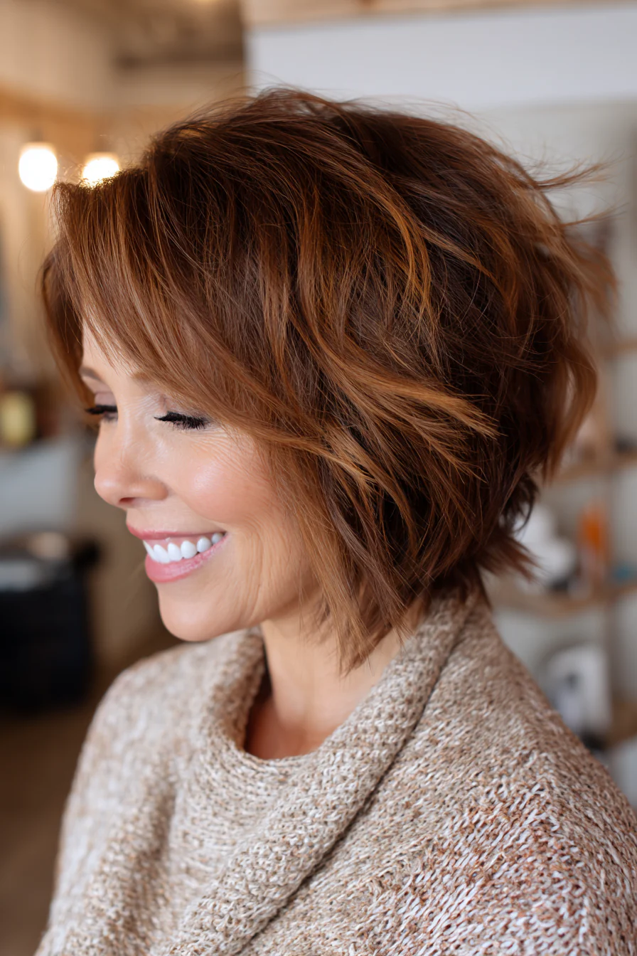 12. Abgehackter Bob mit Gesichtsschichten in Auburn-Highlights (kurze mittellange Frisuren für Frauen über 50) – Kurze mittellange Frisuren für Frauen über 50