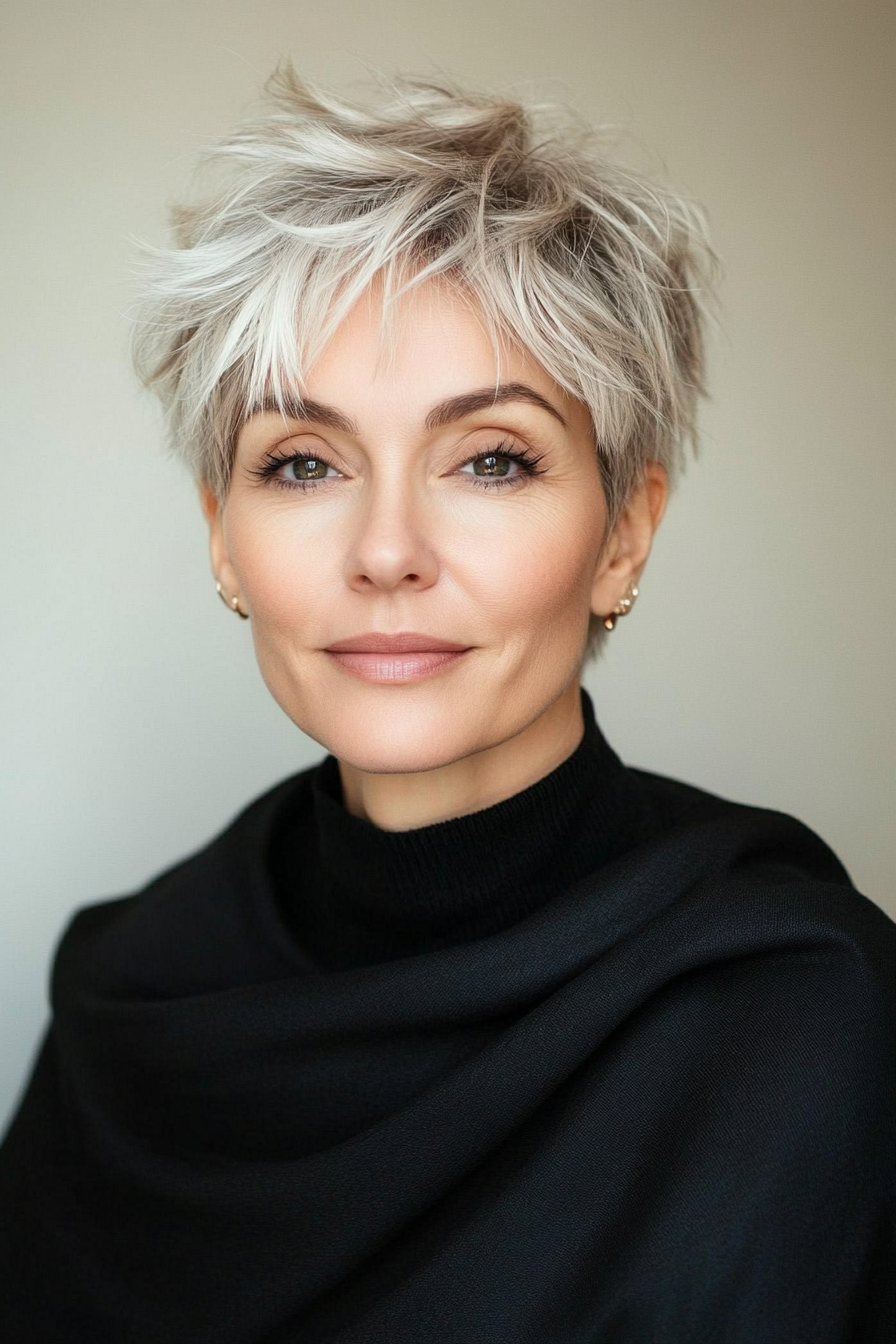 12. abgehackte Pixie in Aschenblond (Hüftfrisuren für Frauen über 50) - Hüftfrisuren für Frauen über 50