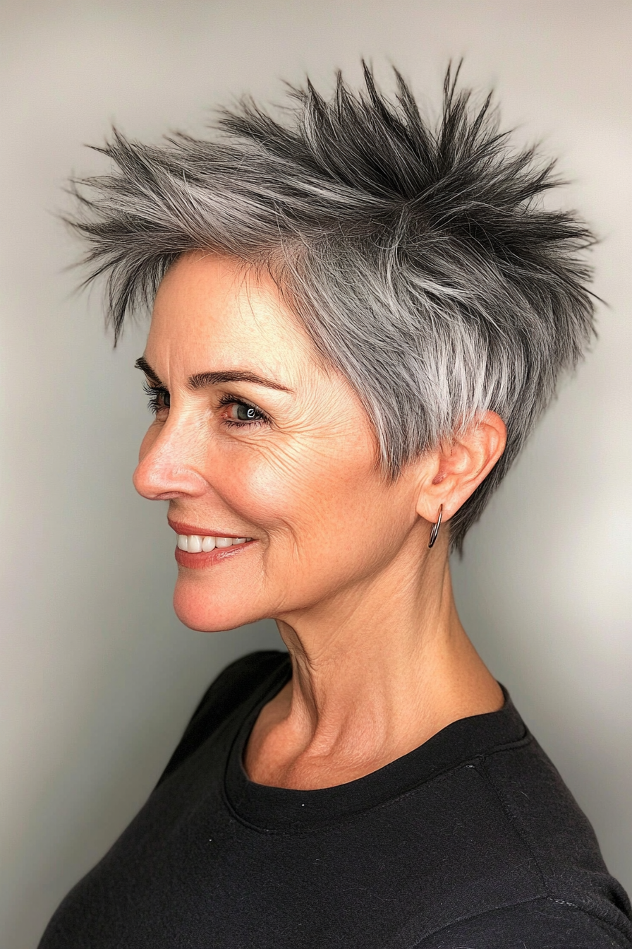 12. Klassische Salz- und Pfefferspiky -Pixie (Spiky Short Haircuts für Frauen über 60) - Stachelnde kurze Haarschnitte für Frauen über 60
