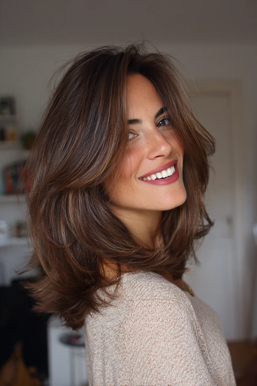 12. Schulterlange strukturierte Schichten in Kakaobraun (Schichtfrisuren für dünnes Haar) – Schichtfrisuren für dünnes Haar