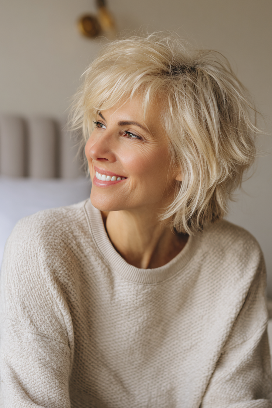 12. cremiger Beige Shag Bob (kurze zottelige Frisuren für Frauen über 60) - kurze zottelige Frisuren für Frauen über 60