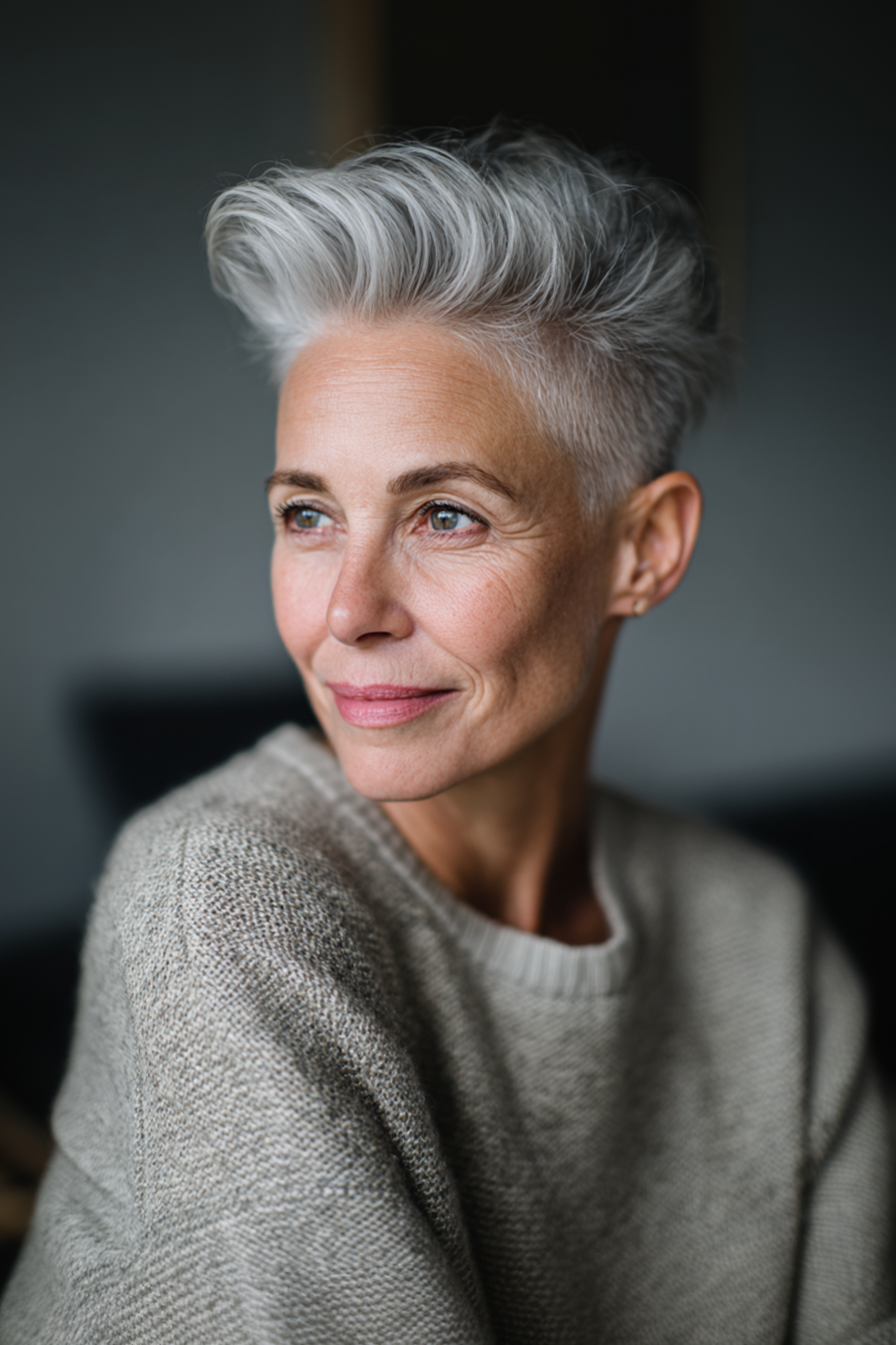 12. Cropped Silver Pompadour (sehr kurze Frisuren für Frauen über 50) - Sehr kurze Frisuren für Frauen über 50