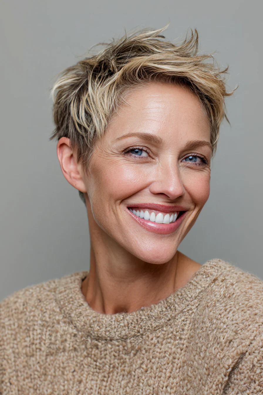 12. Hochgesteckter Pixie in Sandblond (Kurzhaarschnitte für Frauen über 40 mit feinem Haar) – Kurzhaarschnitte für Frauen über 40 mit feinem Haar