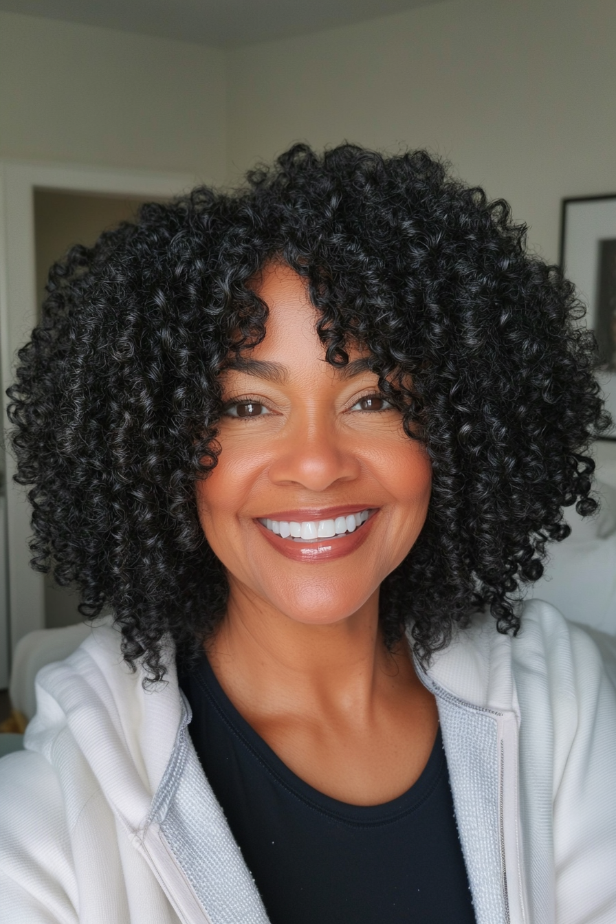 12. Curly Bob mit natürlichen schwarzen Spulen (Trendfrisuren für Frauen über 50) - Trendfrisuren für Frauen über 50