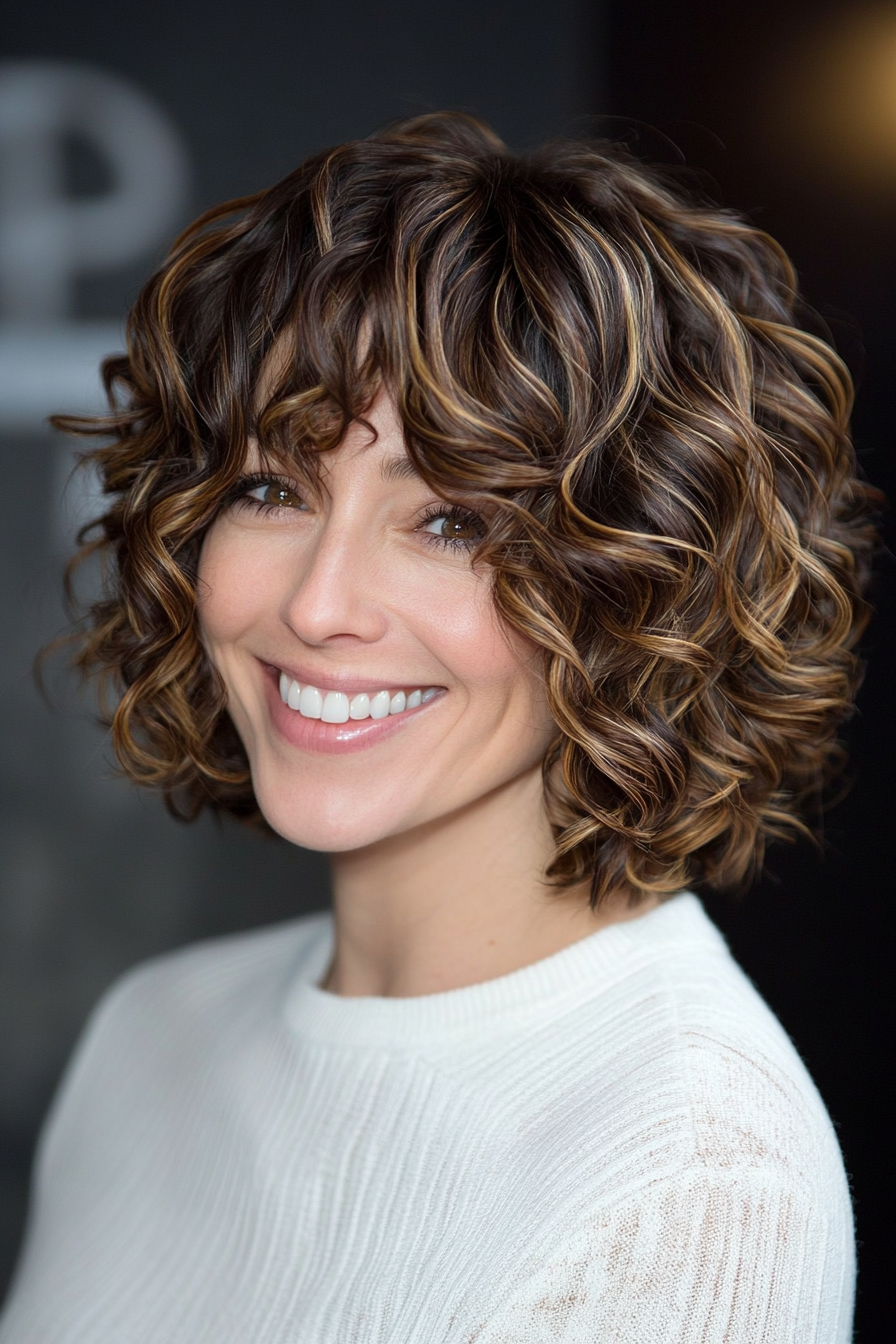12. Curly Bob mit warmen braunen Highlights (Frisurstrends für Frauen über 40 mit feinem Haar) - Frisurstrends für Frauen über 40 mit feinem Haar