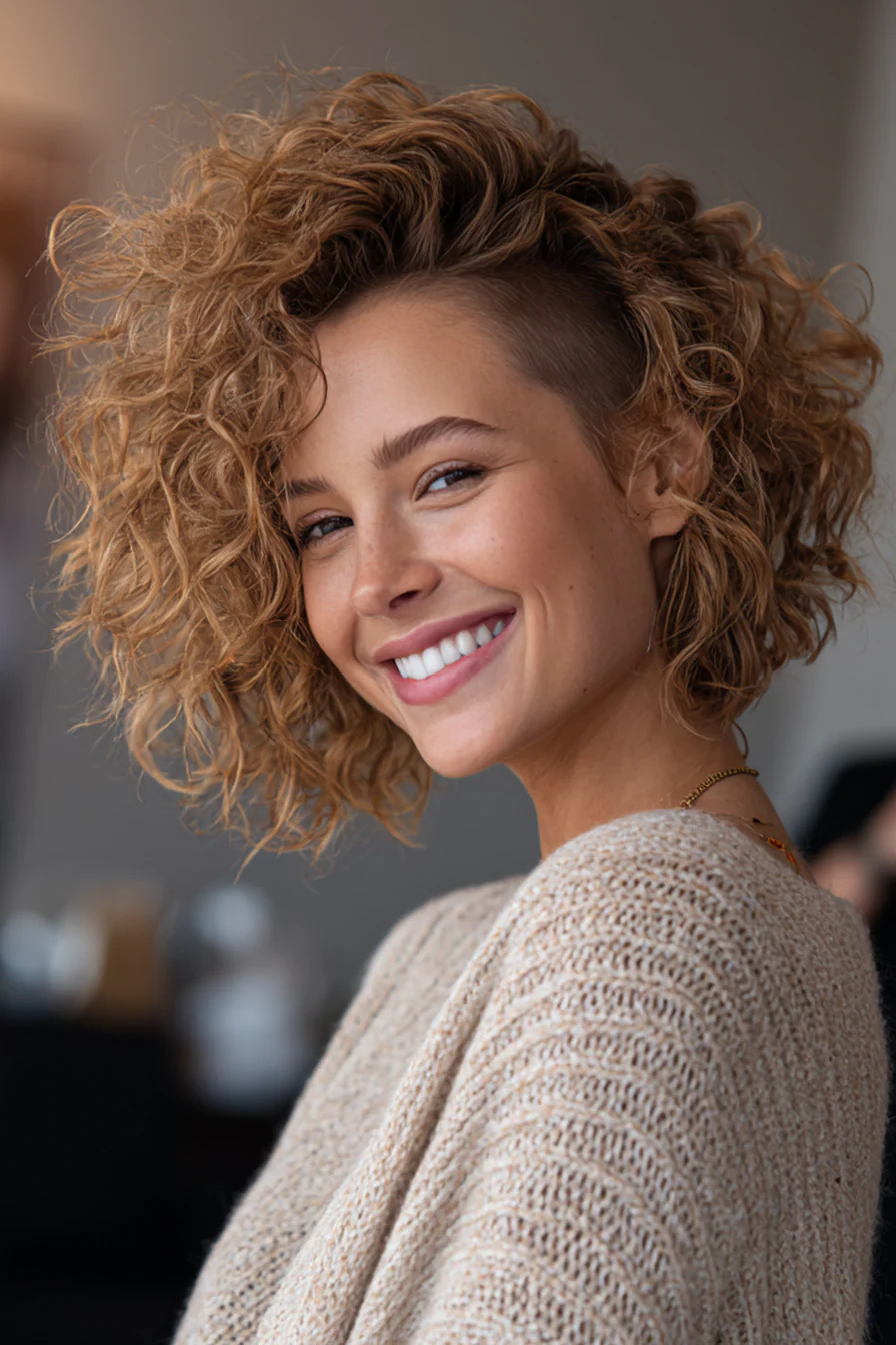 12. Curly Lob mit weichem Undercut in Sandy Beige (Mittellange Haarschnitte für lockiges Haar) – Mittellange Haarschnitte für lockiges Haar