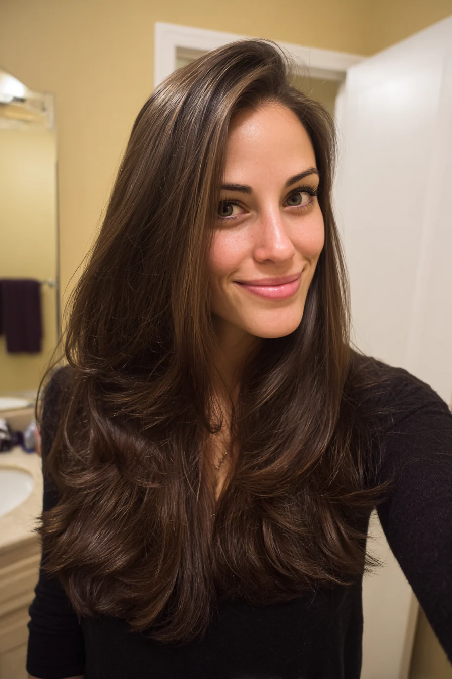 12. Geschwungene Stufen mit dunklem Schokoladenton (Mittellange Stufenhaarschnitte) – Mittellange Stufenhaarschnitte