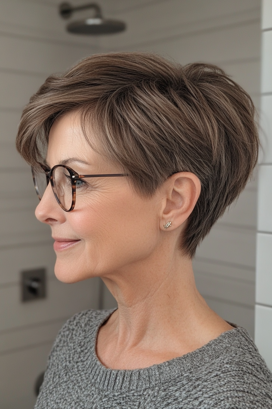 12. Tiefbrauner, polierter Pixie mit gepflegten Kanten (Pixie-Haarschnitte für Frauen über 60 mit Brille) – Pixie-Haarschnitte für Frauen über 60 mit Brille
