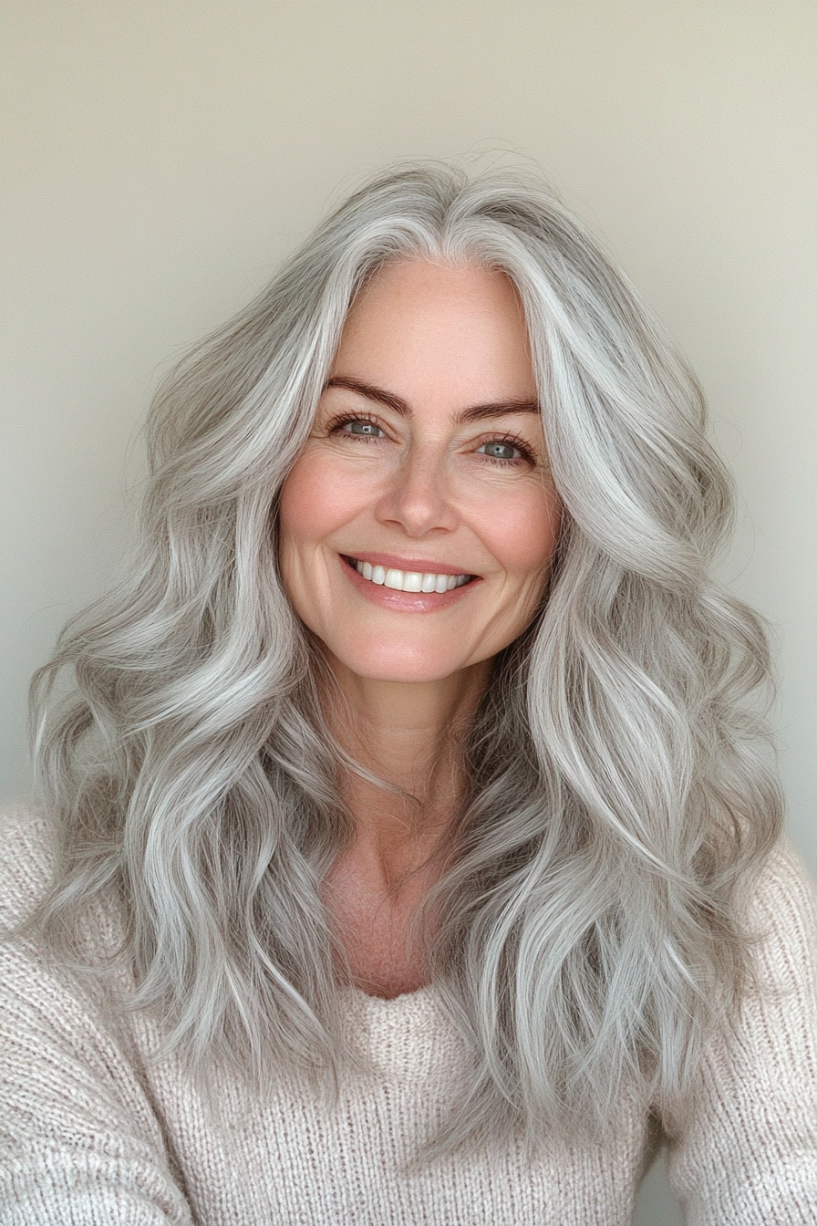 12. Gesichtsschichten in silbergrau (Haarschnitte für Frauen über 60 mit welligen Haaren) - Haarschnitte für Frauen über 60 mit welligen Haaren