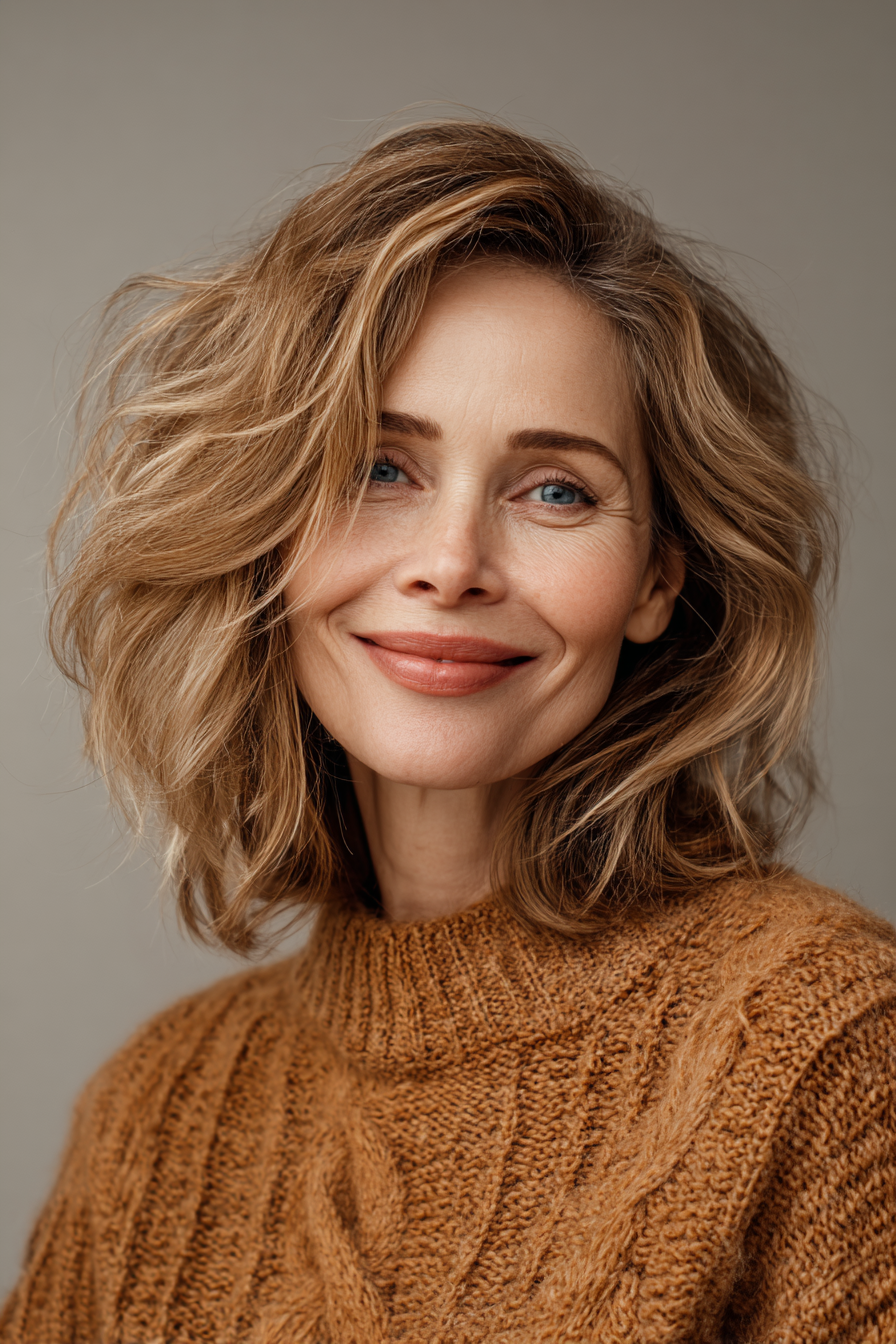 12. Gefiederte Schichten mit goldener Honigfarbe (Unordentliche Frisuren für Frauen über 50) – Unordentliche Frisuren für Frauen über 50