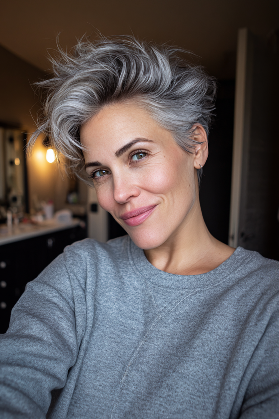 12. Frosted Grey Pixie mit Volumen (graue Frisuren für Frauen über 40) - graue Frisuren für Frauen über 40
