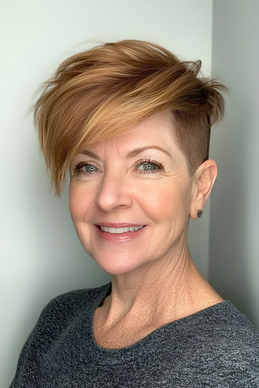 12. Golden Brown Stroped Undercut Pixie (Unterschnitte Frisuren für Frauen über 50) - Unterschnitte Frisuren für Frauen über 50