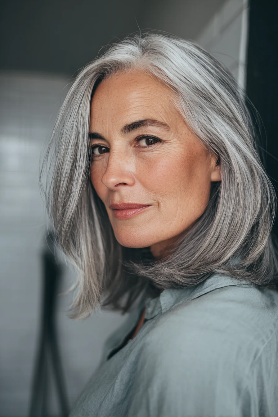 12. Grauer, stumpfer Schnitt mit Seitenscheitel (Haarschnitte für Frauen über 50 mit glattem Haar) – Haarschnitte für Frauen über 50 mit glattem Haar