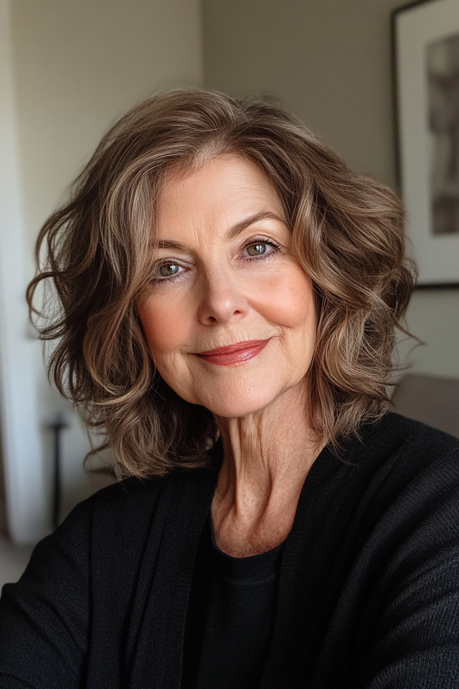 12. Erwachsene Pixie mit dunkler Kastanientextur (Haarschnitte für ältere Frauen mit welligem Haar) - Haarschnitte für ältere Frauen mit welligem Haar