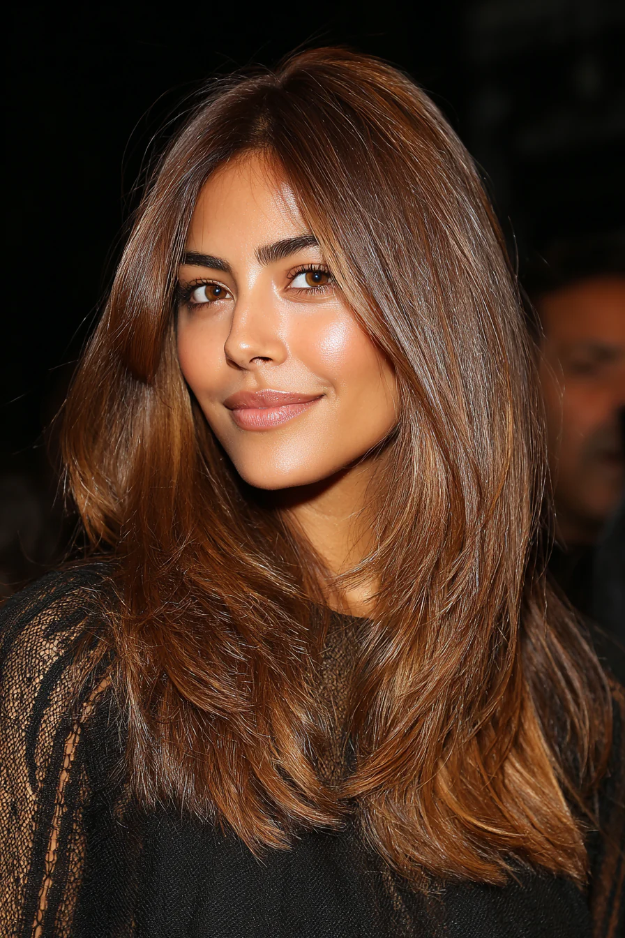 12. Honigbraune geschichtete Enden (schulterlange Frisuren für dickes Haar) – Schulterlange Frisuren für dickes Haar