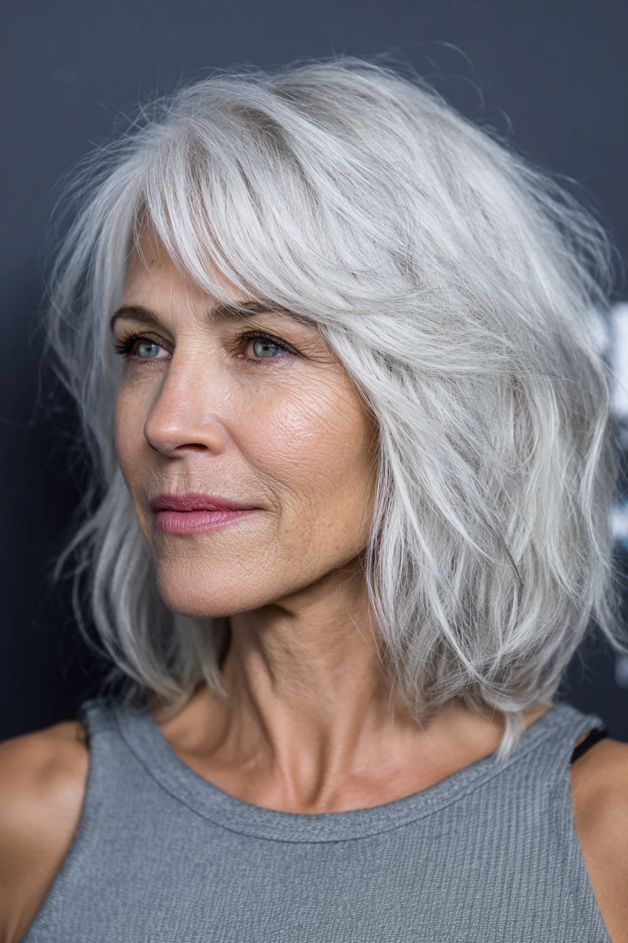 12. Icy Silver Layered Lob (Beliebte Haarschnitte für Frauen über 60) – Beliebte Haarschnitte für Frauen über 60